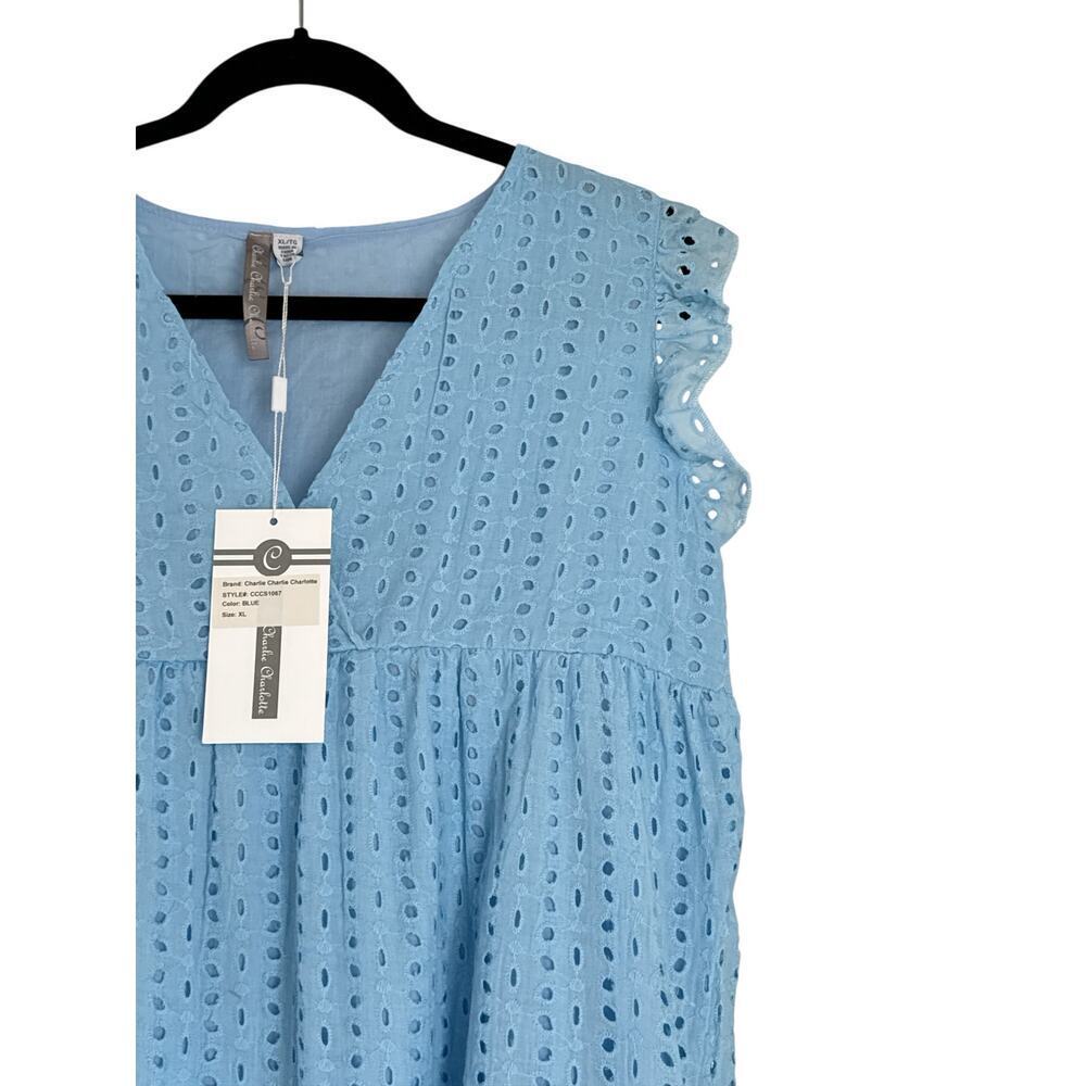 Charlie Charlie Charlotte Women's Ruffle Eyelet Summer Mini Dress Sz XL Blue NWT - Picture 4 of 7